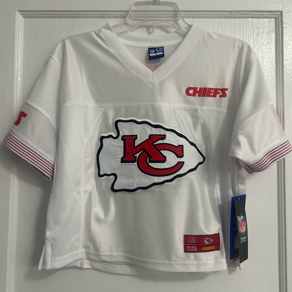Kansas City Chiefs NFL White and Red Women's Jersey crop top.